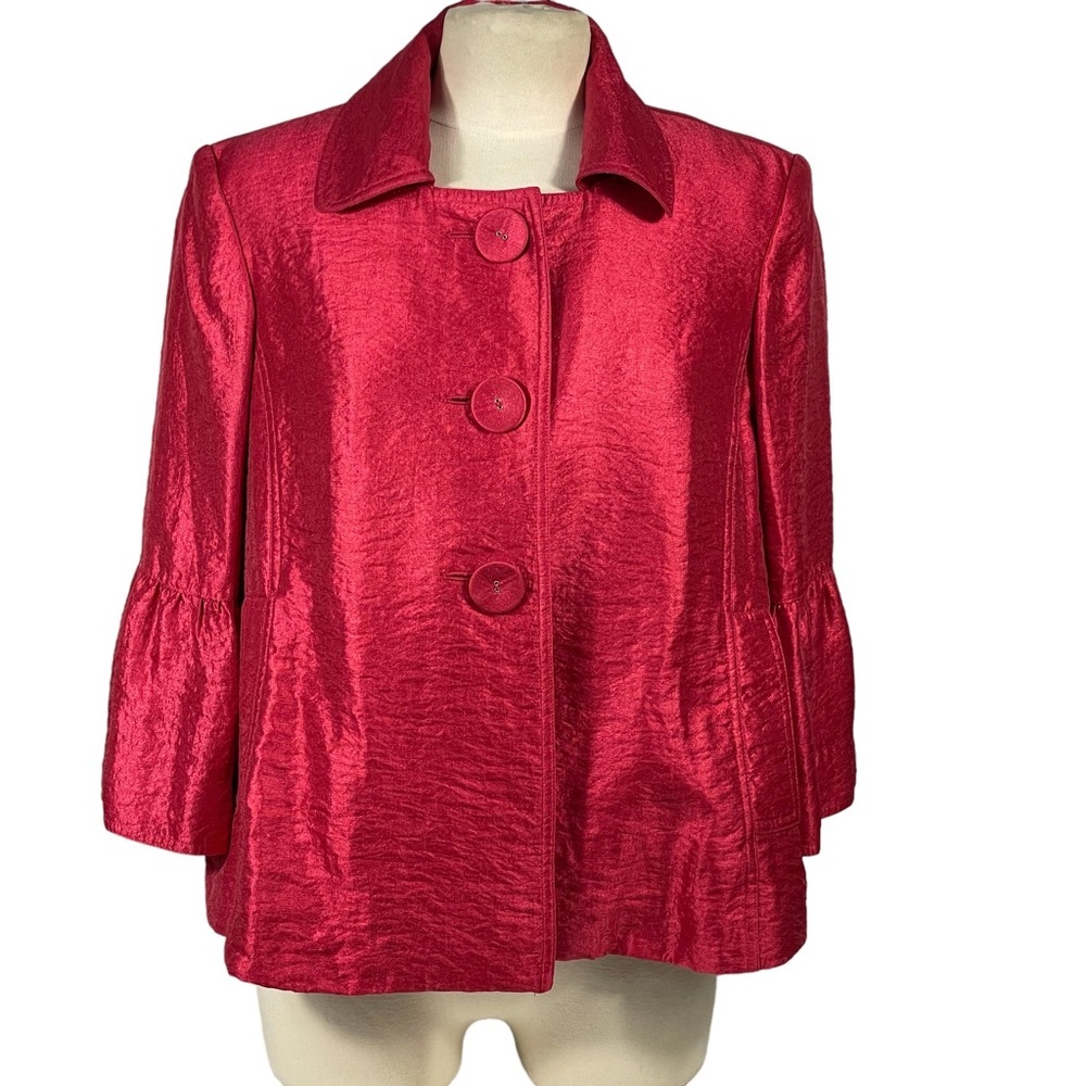 Trevan Hot Pink Sheen Crinkle 3/4 Ruffle Sleeve Jacket Blazer Barbiecore Sz 12